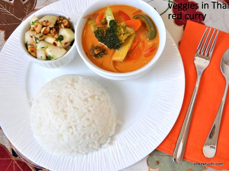 thai red curry with rice and salad